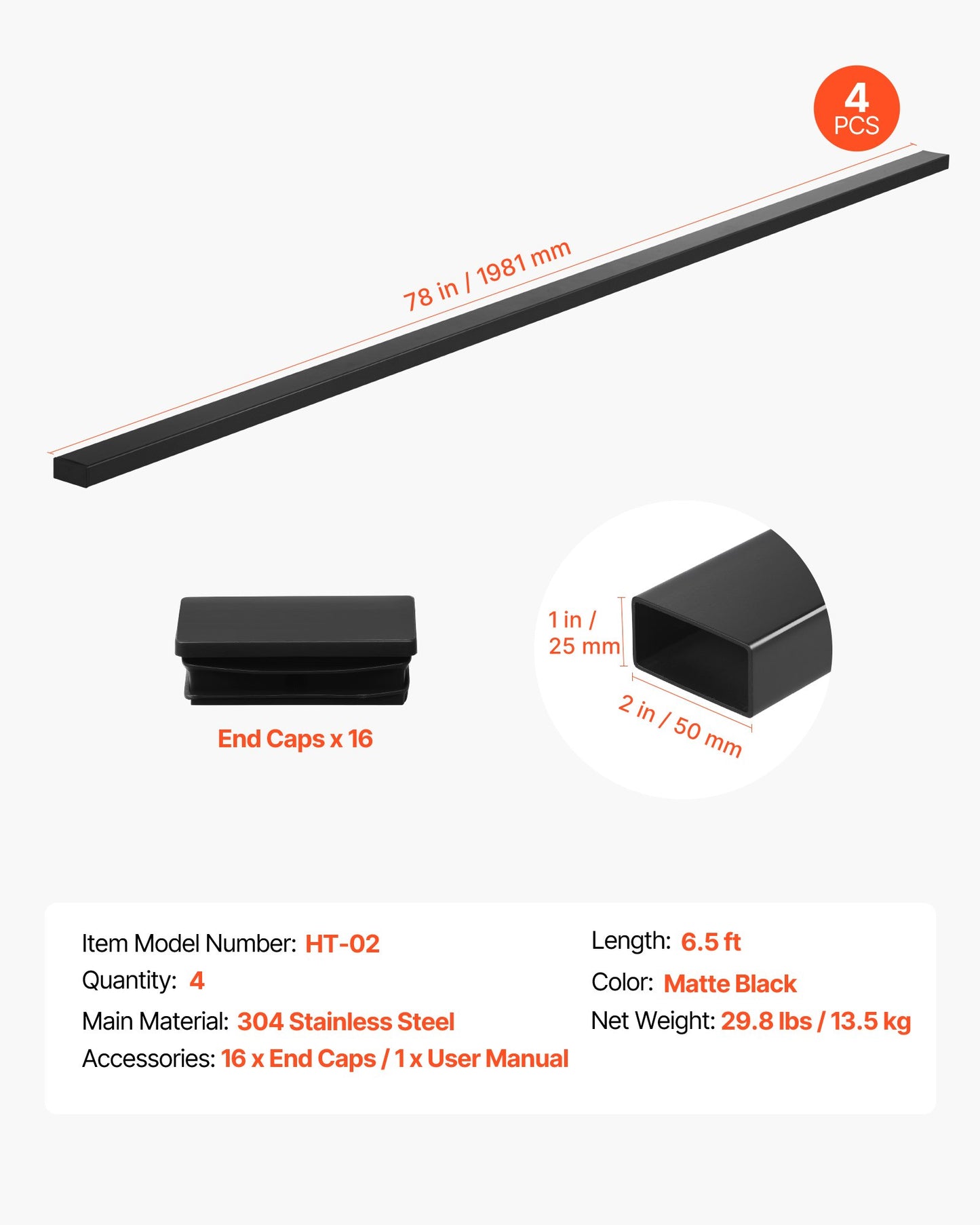 4er-Pack Edelstahl-Handlauf, 198 cm, rechteckiger Treppengeländer für Außen- und Innentreppen mit Endkappe, mattschwarz beschichtet, verstellbar, für Kabelgeländer-Sets