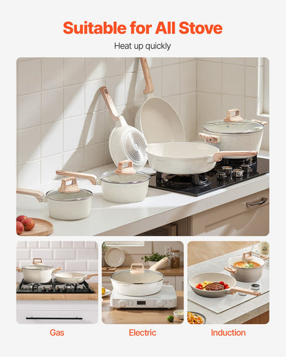 17 Piece Pots and Pans Set, Granite Nonstick Cookware Set, Induction Cookwares, Kitchen RV Cooking Sets with Frying, Sauce, Saute, Tempered Glass Lids, and Pan Protectors, White