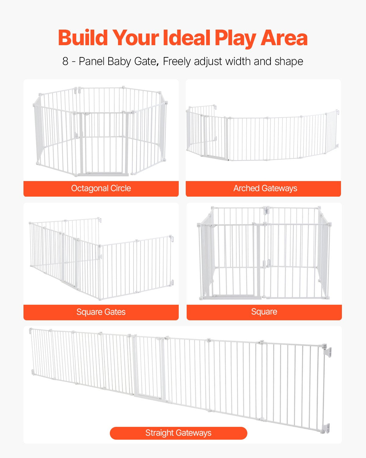 Baby Gate, 192 Inches Extra Wide, 28 Inches High 8-Panel Foldable Dog Gate, for Child Pet Security, One-Hand Open, Install Between Two Walls or As a Fence, for Stairs and Doorways, White