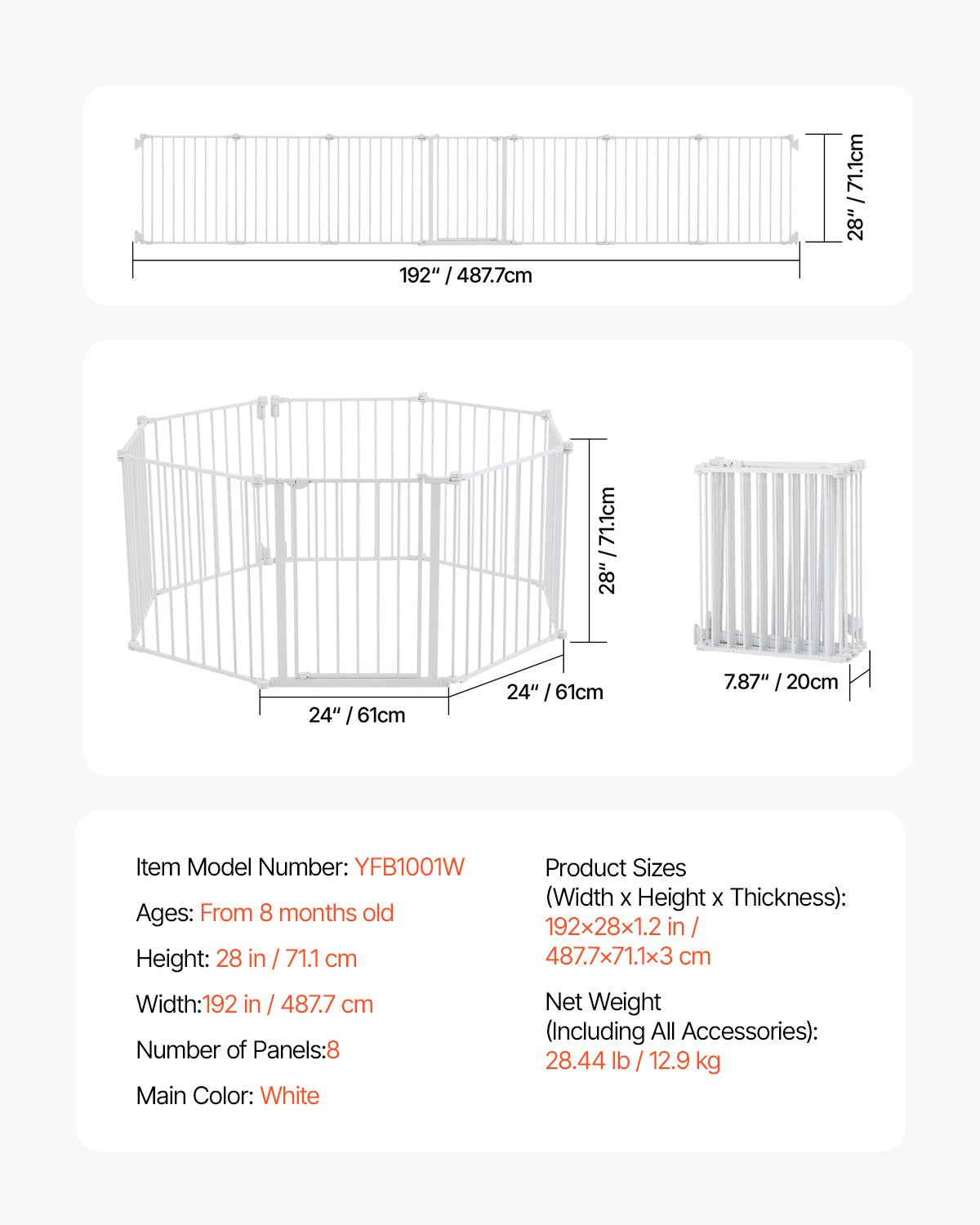 Baby Gate, 192 Inches Extra Wide, 28 Inches High 8-Panel Foldable Dog Gate, for Child Pet Security, One-Hand Open, Install Between Two Walls or As a Fence, for Stairs and Doorways, White