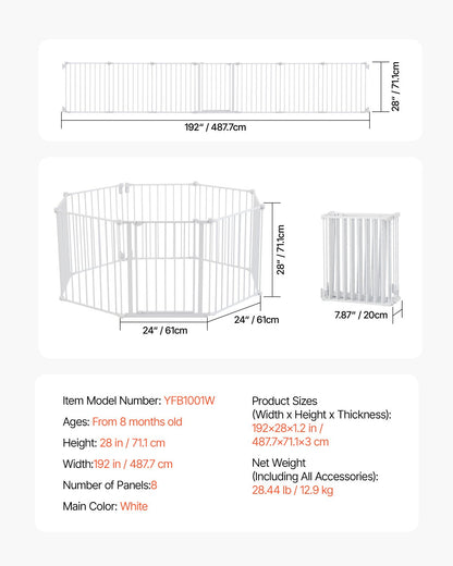 Baby Gate, 192 Inches Extra Wide, 28 Inches High 8-Panel Foldable Dog Gate, for Child Pet Security, One-Hand Open, Install Between Two Walls or As a Fence, for Stairs and Doorways, White