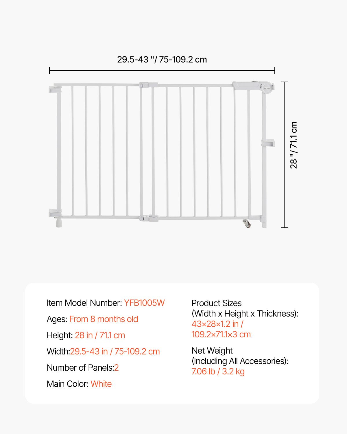 Babygitter, 75–109 cm verstellbare Breite, 71 cm hohes Hundegitter, ohne Schwellenstange, leichter Durchgang, für die Sicherheit von Kindern und Haustieren, mit Schrauben, einhändig zu öffnen, für Treppen und Türen, weiß