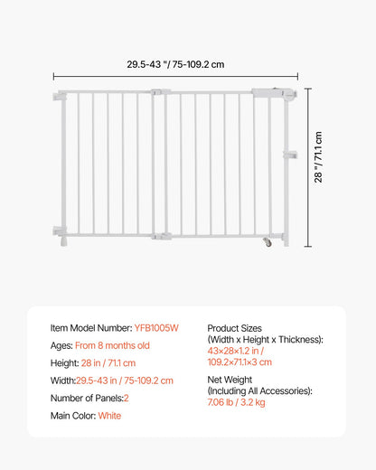 Babygitter, 75–109 cm verstellbare Breite, 71 cm hohes Hundegitter, ohne Schwellenstange, leichter Durchgang, für die Sicherheit von Kindern und Haustieren, mit Schrauben, einhändig zu öffnen, für Treppen und Türen, weiß