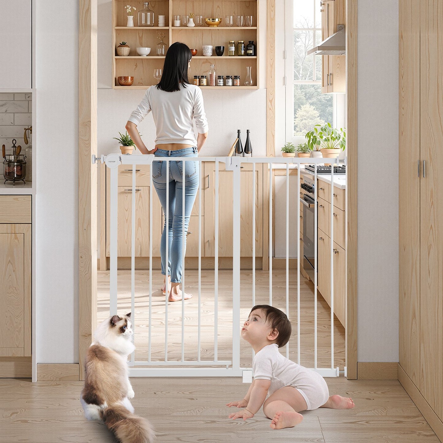 Baby Gate, 26-40 Inches Adjustable Width, 36 Inches High Dog Gate, Easy Step Walk Thru, for Child Pet Security, Pressure Mount Kit, Wall Cups, One-Hand Open, for Stairs and Doorways, White