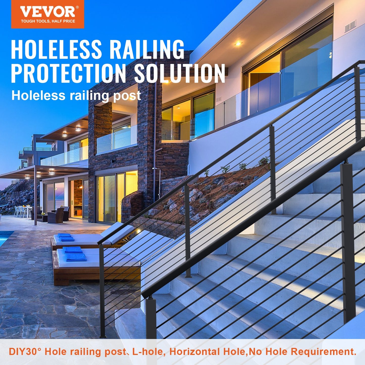 Kabelgeländerpfosten, 42 x 1,97 x 1,97 Zoll, ebene Terrassentreppenpfosten, Kabelhandlaufpfosten aus gebürstetem Edelstahl, Terrassengeländer-DIY-Pfosten ohne Bohrloch, Treppengeländer-Set mit Montagehalterung, schwarz