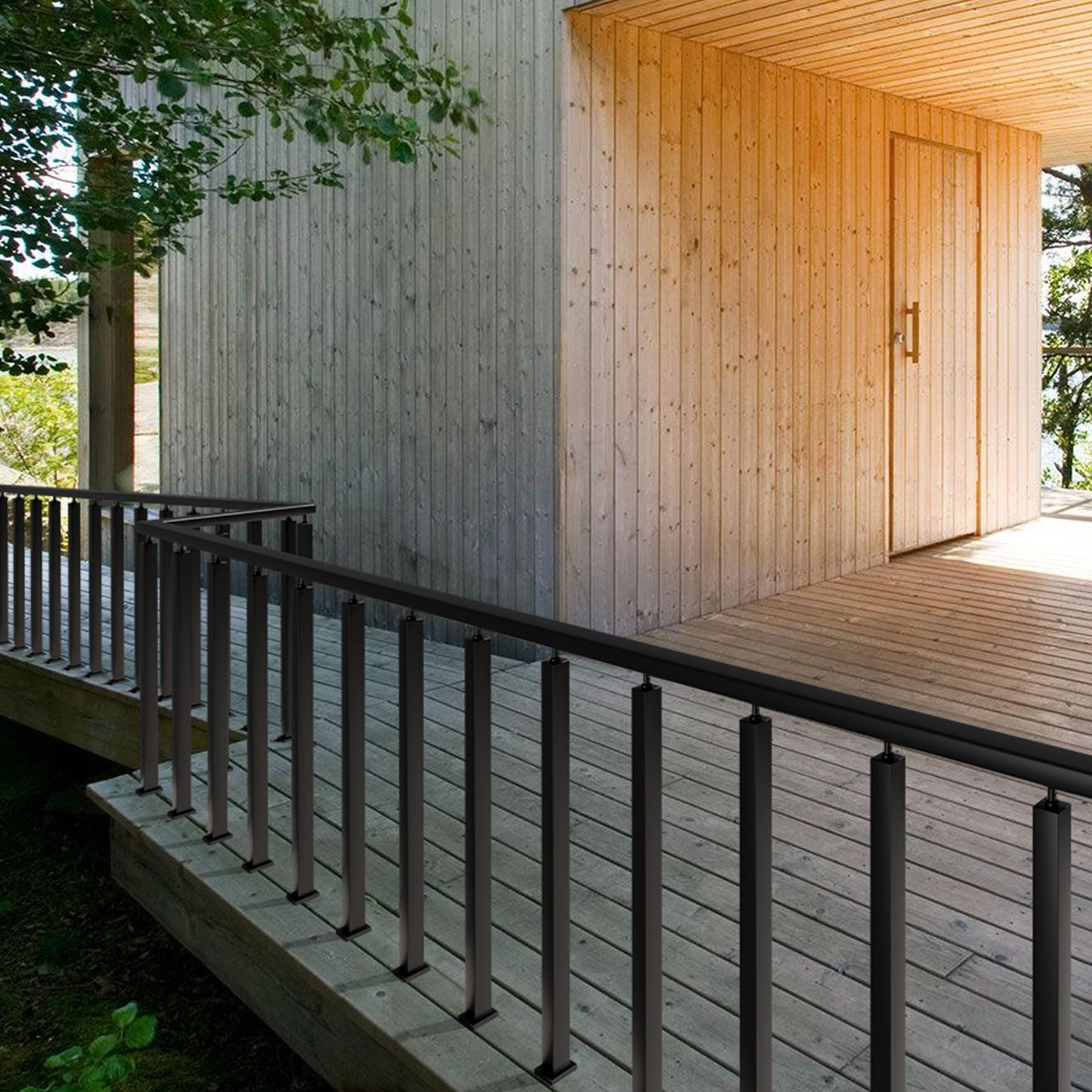 Kabelgeländerpfosten, 42 x 1,97 x 1,97 Zoll, ebene Terrassentreppenpfosten, Kabelhandlaufpfosten aus gebürstetem Edelstahl, Terrassengeländer-DIY-Pfosten ohne Bohrloch, Treppengeländer-Set mit Montagehalterung, schwarz