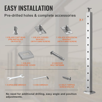 Cable Railing Post, 36" x 1" x 2" Steel Horizontal Hole Deck Railing Post, 11 Pre-Drilled Holes, SUS304 Stainless Steel Cable Rail Post with Horizontal and Curved Bracket, LGZYY91.42.551C3JV0