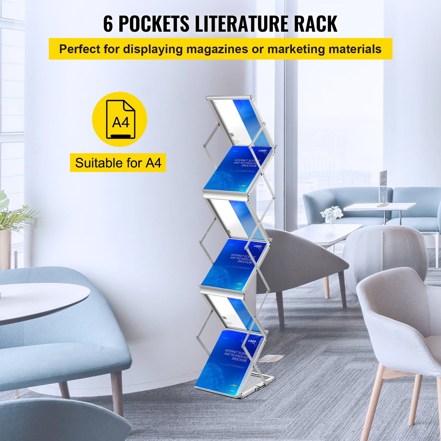 Literature Rack, 6 Pockets, Pop up Aluminum Magazine Rack, Lightweight Catalog Holder Stand w/ Carrying Bag for Living Room, Hotel, Trade Show, Exhibition, Office