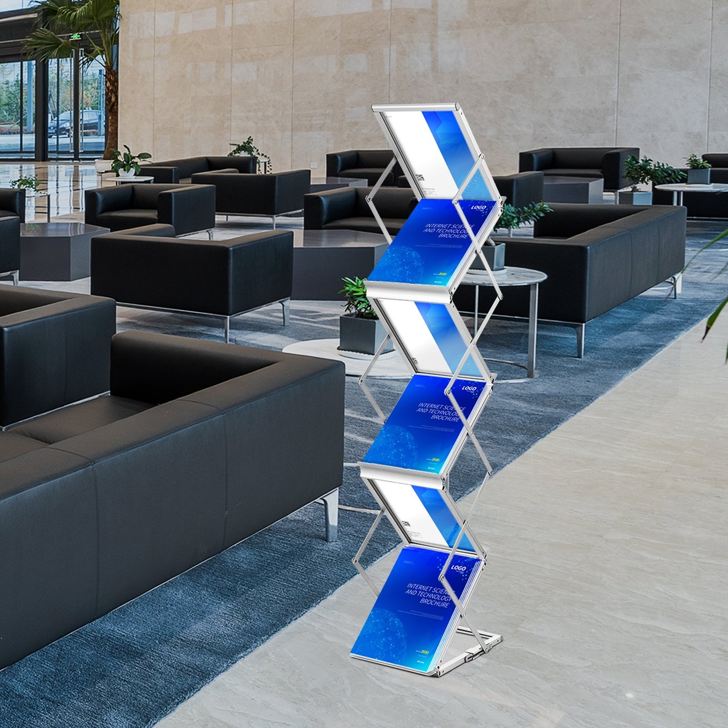 Literature Rack, 6 Pockets, Pop up Aluminum Magazine Rack, Lightweight Catalog Holder Stand w/ Carrying Bag for Living Room, Hotel, Trade Show, Exhibition, Office