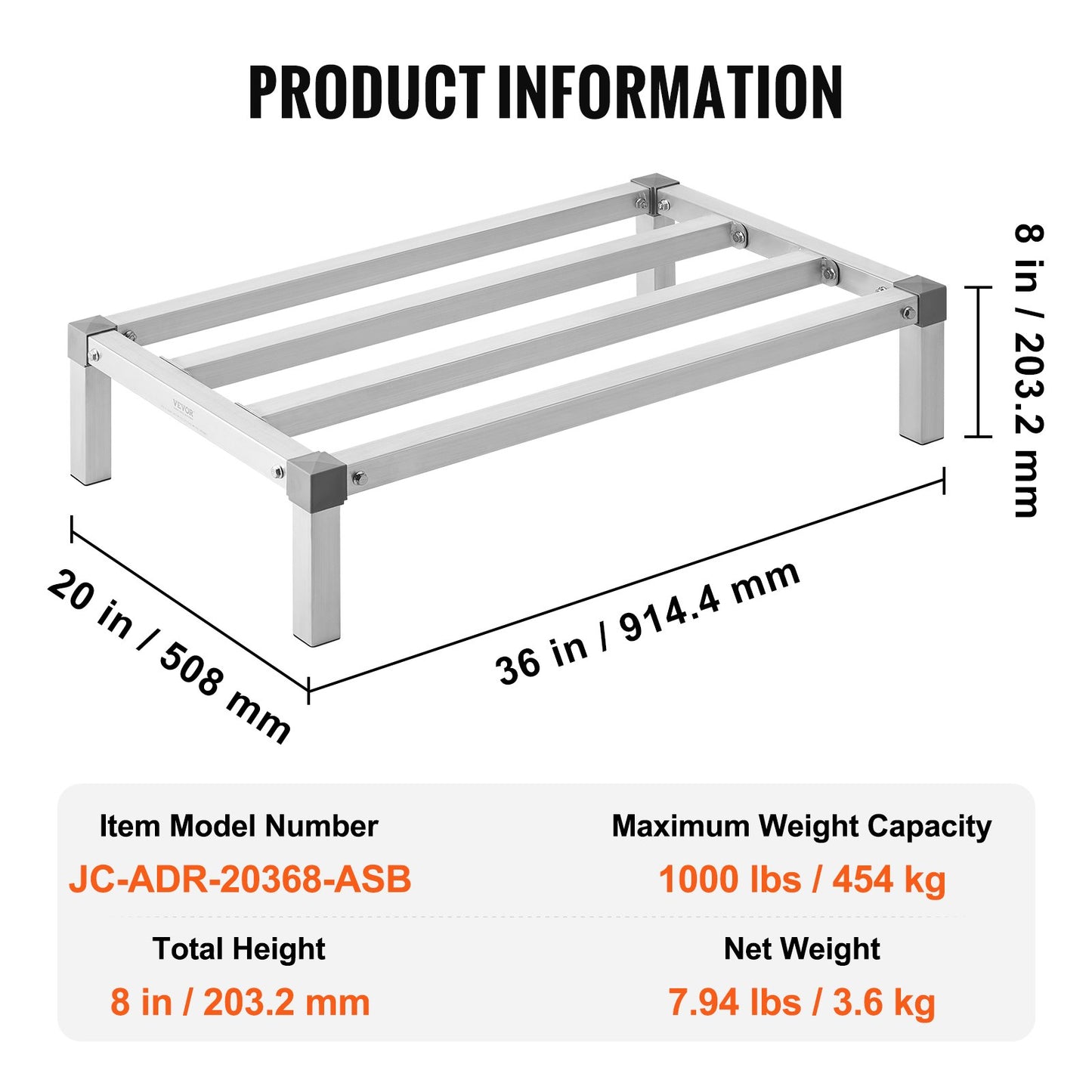 Aluminum Dunnage Rack, 36” x 20” Commercial Food Floor Rack, 8” Off the Floor, 1000 lbs Capacity All-Welded Aluminum Storage Rack, for Storage in Restaurants, Kitchens, Garages and Vehicles