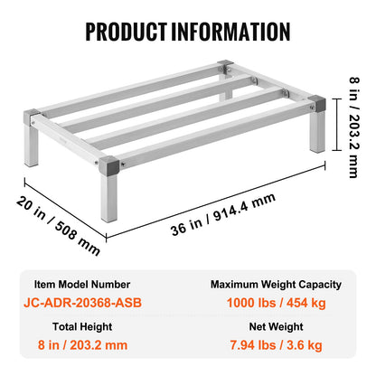 Aluminum Dunnage Rack, 36” x 20” Commercial Food Floor Rack, 8” Off the Floor, 1000 lbs Capacity All-Welded Aluminum Storage Rack, for Storage in Restaurants, Kitchens, Garages and Vehicles