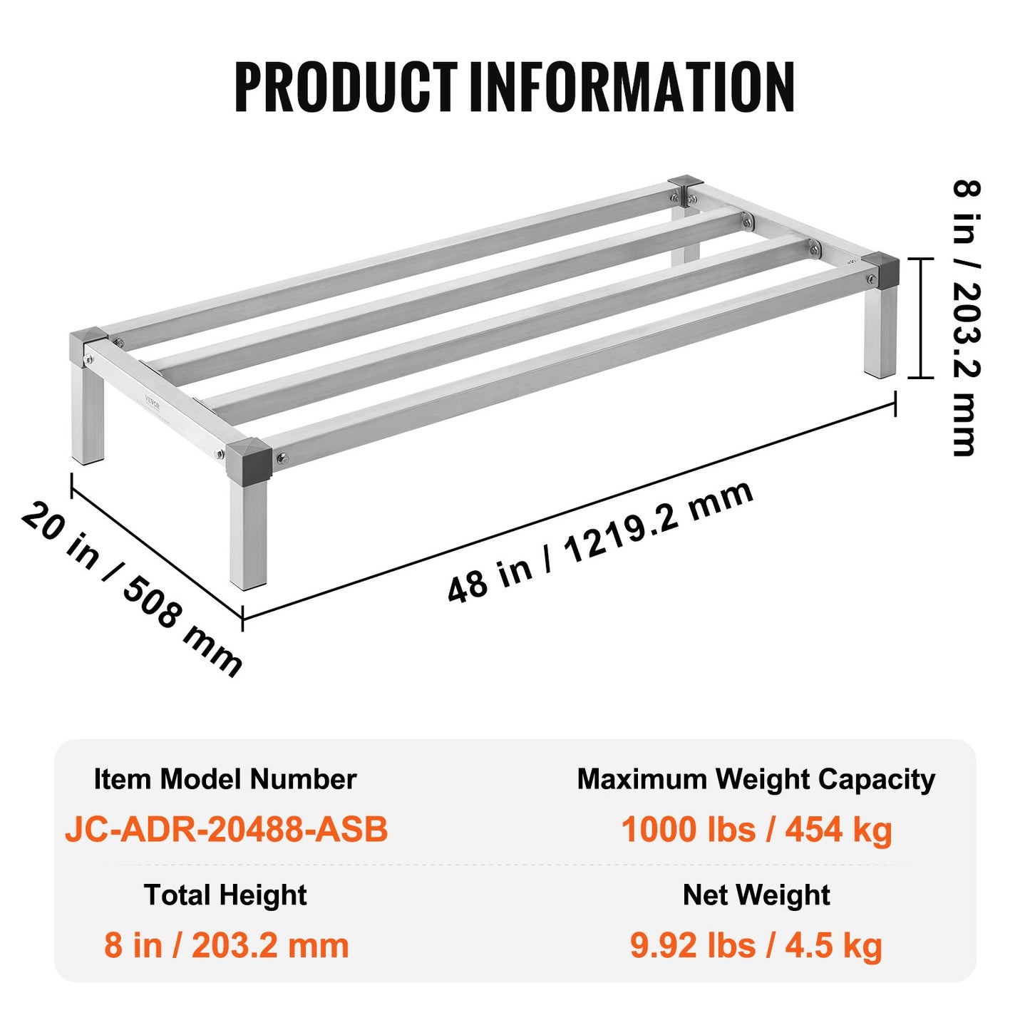 Aluminum Dunnage Rack, 48” x 20” Commercial Food Floor Rack, 8” Off the Floor, 1000 lbs Capacity All-Welded Aluminum Storage Rack, for Storage in Restaurants, Kitchens, Garages and Vehicles