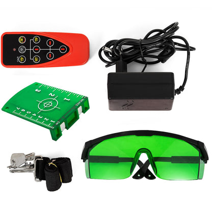 Automatisches, professionelles Laser-Nivelliergerät mit grünem Laserstrahl, Empfänger, Fernbedienung und Tragetasche