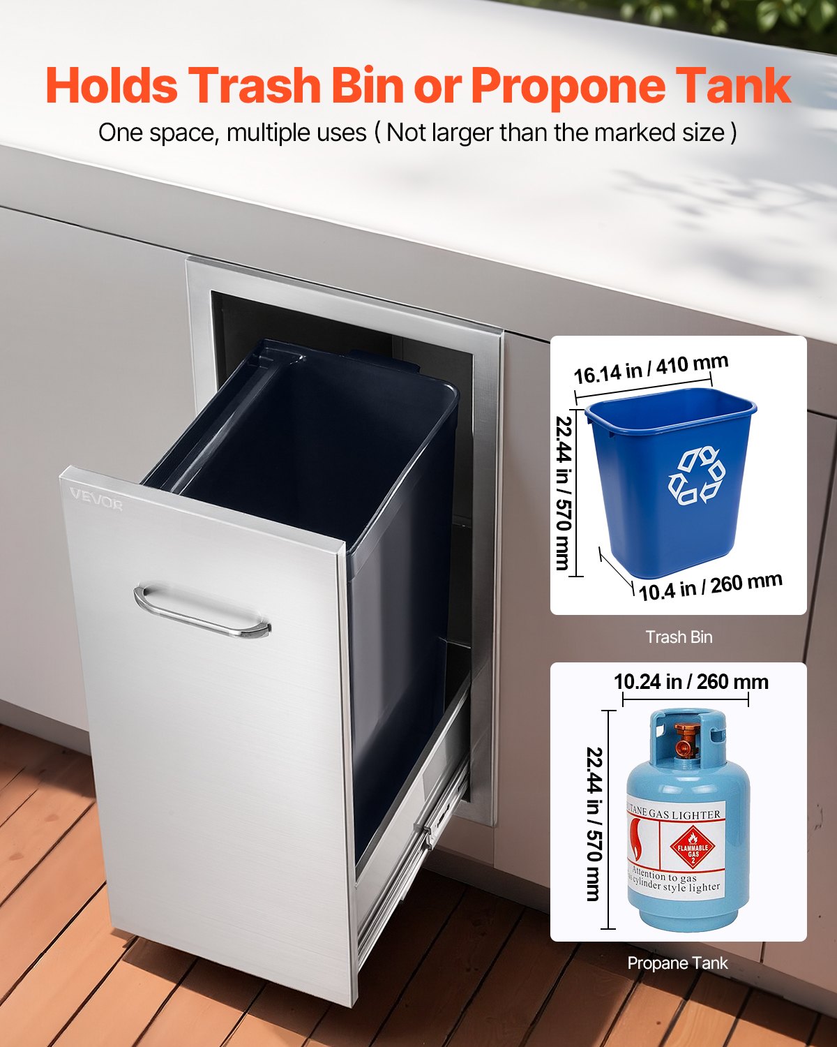 Müllschublade für die Außenküche, 34,4 cm B x 50 cm T x 65,5 cm H Innenraum, Mehrzweck-Schubladen für die Außenküche aus Edelstahl, max. Tragkraft 25 kg pro Ebene, für Grillinseln im Freien