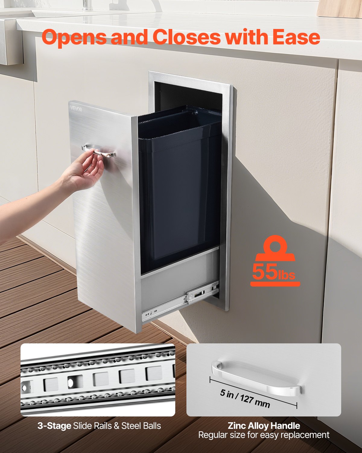 Müllschublade für die Außenküche, 34,4 cm B x 50 cm T x 65,5 cm H Innenraum, Mehrzweck-Schubladen für die Außenküche aus Edelstahl, max. Tragkraft 25 kg pro Ebene, für Grillinseln im Freien