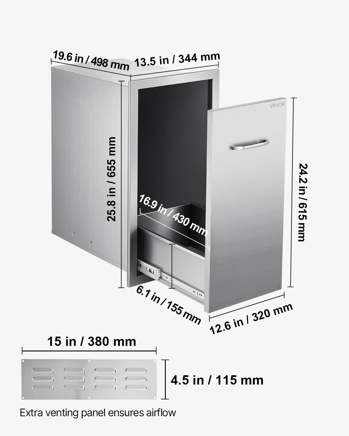 Müllschublade für die Außenküche, 34,4 cm B x 50 cm T x 65,5 cm H Innenraum, Mehrzweck-Schubladen für die Außenküche aus Edelstahl, max. Tragkraft 25 kg pro Ebene, für Grillinseln im Freien