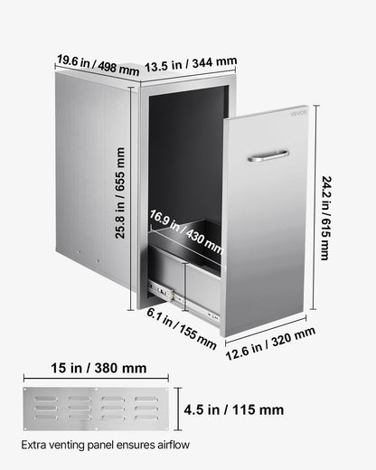 Müllschublade für die Außenküche, 34,4 cm B x 50 cm T x 65,5 cm H Innenraum, Mehrzweck-Schubladen für die Außenküche aus Edelstahl, max. Tragkraft 25 kg pro Ebene, für Grillinseln im Freien