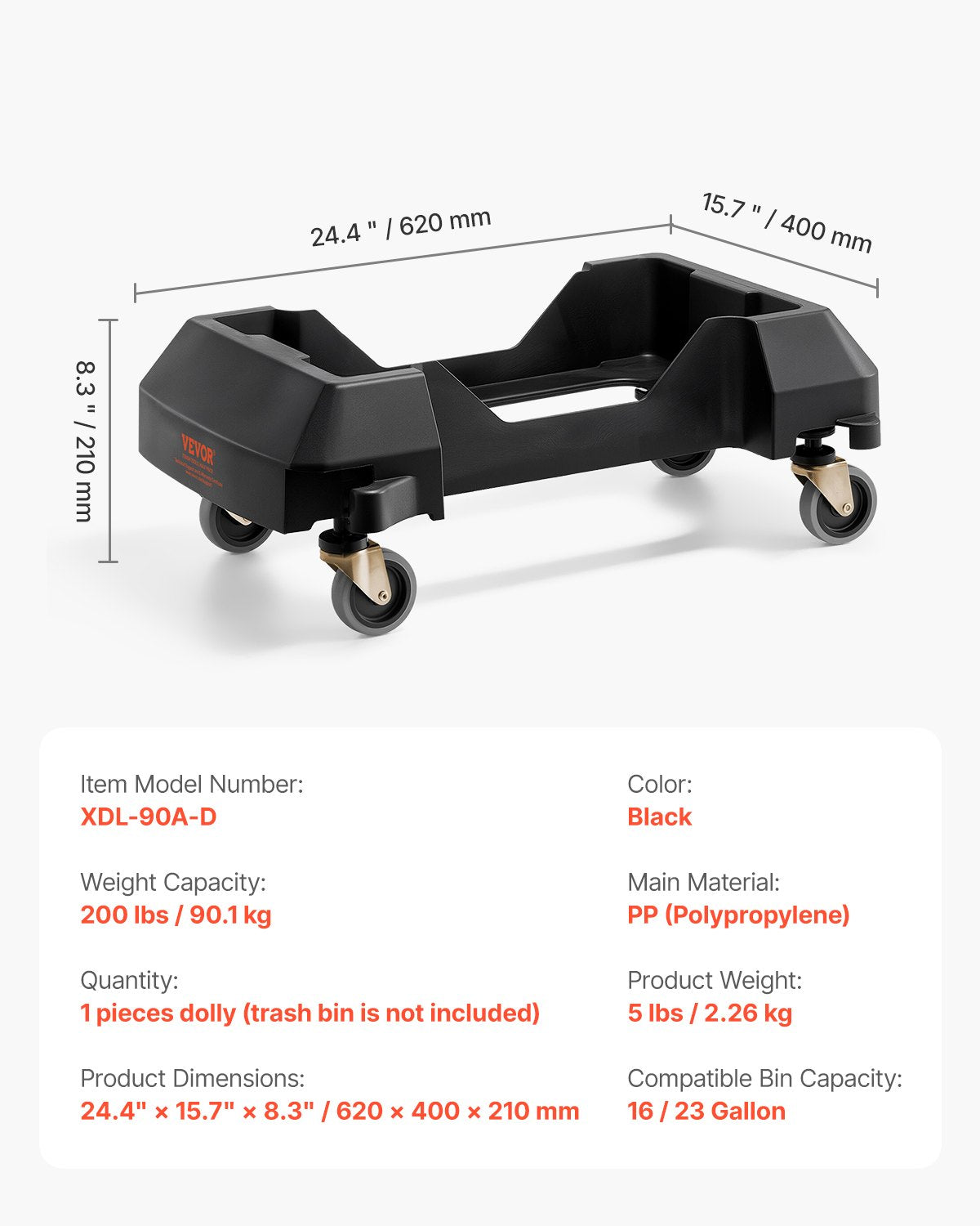 Mülltonnenwagen, passend für 16/23-Gallonen-Behälter, schlanker Mülltonnen-Rollsockel mit 4 feststellbaren Rädern, Tragkraft 200 lbs, robuster Fasswagen, leichtgängiger und leiser Mülltonnenwagen aus Kunststoff