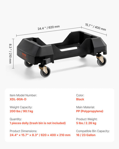 Mülltonnenwagen, passend für 16/23-Gallonen-Behälter, schlanker Mülltonnen-Rollsockel mit 4 feststellbaren Rädern, Tragkraft 200 lbs, robuster Fasswagen, leichtgängiger und leiser Mülltonnenwagen aus Kunststoff