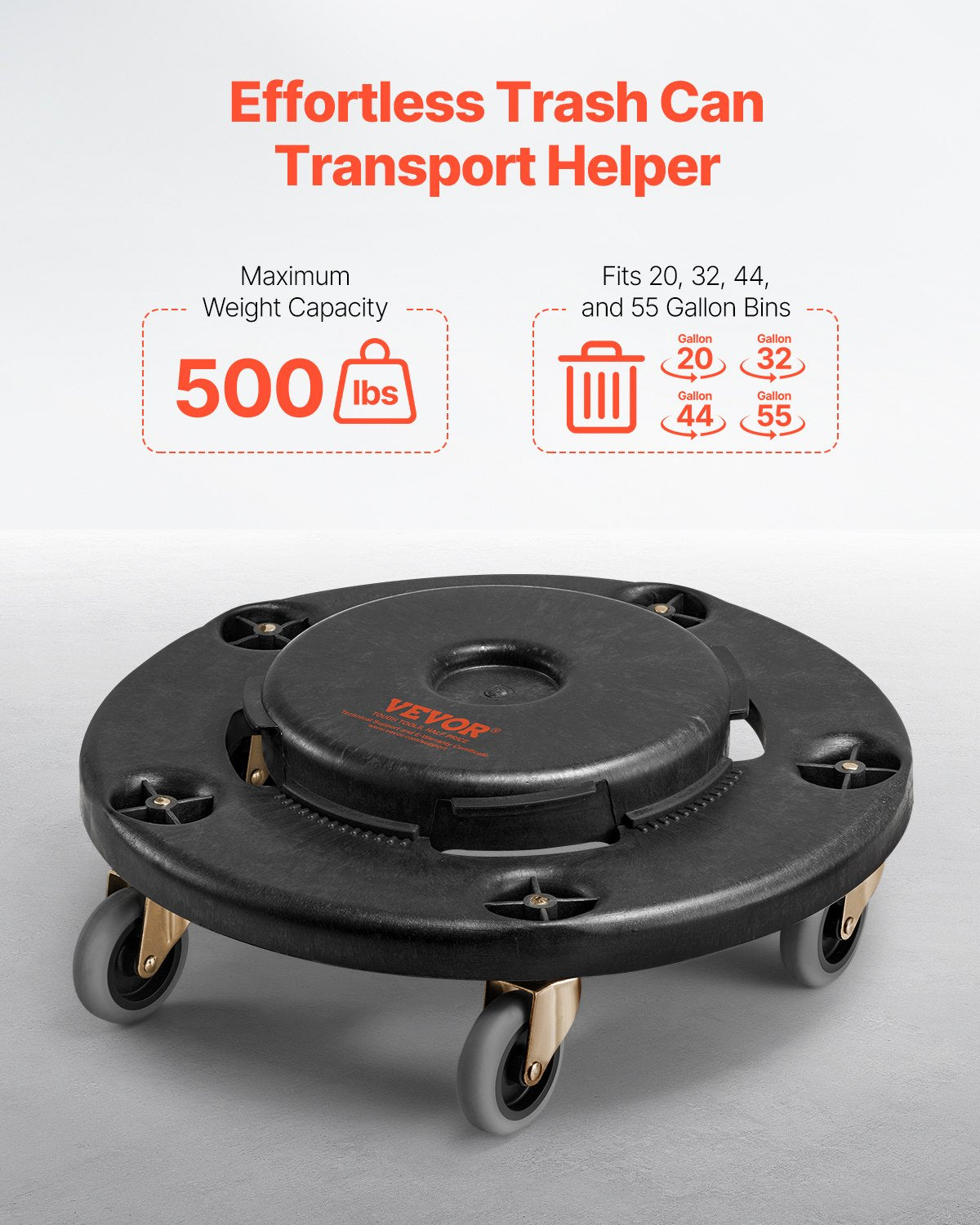 Trash Can Dolly, Fit 20, 32, 44, 55 Gallon Containers, Round Trash Can Roller Base with 4 Lockable Wheels, 500lbs Weight Capacity, Heavy Duty Barrel Dolly, Multi-Functional Rolling Dolly Cart