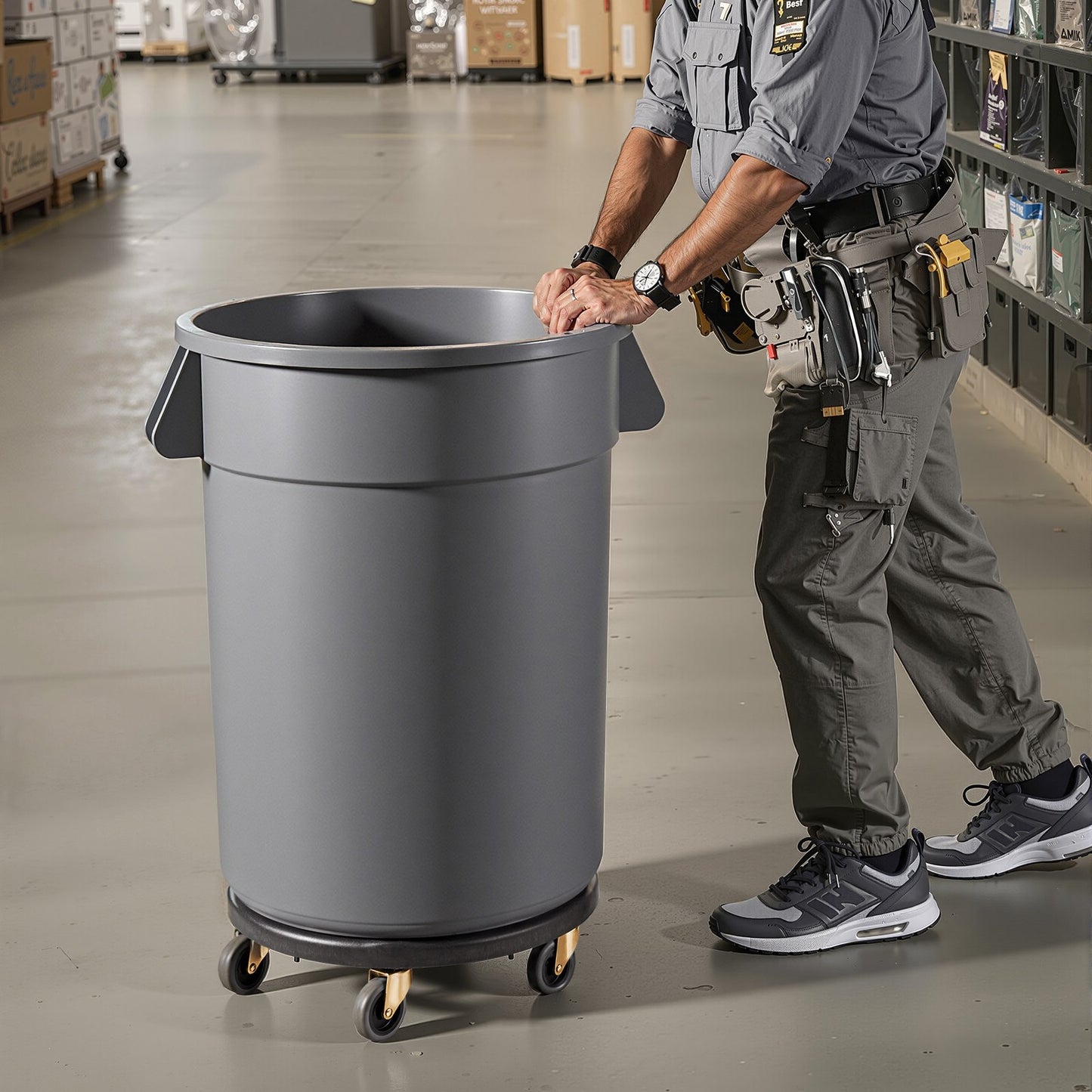 Trash Can Dolly, Fit 20, 32, 44, 55 Gallon Containers, Round Trash Can Roller Base with 4 Lockable Wheels, 500lbs Weight Capacity, Heavy Duty Barrel Dolly, Multi-Functional Rolling Dolly Cart