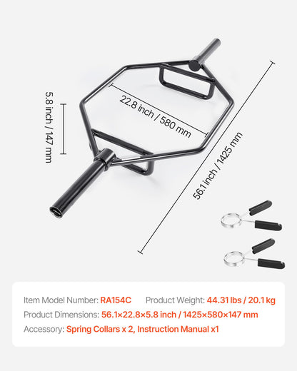 Trap Bar Hex Bar, 50mm Hex Barbell, 360 kg Capacity Shrug Bars with Knurled Grips, Weightlifting and Strength Training Equipment, Home Gym for Squats, Deadlifts, Shoulder Presses, Black