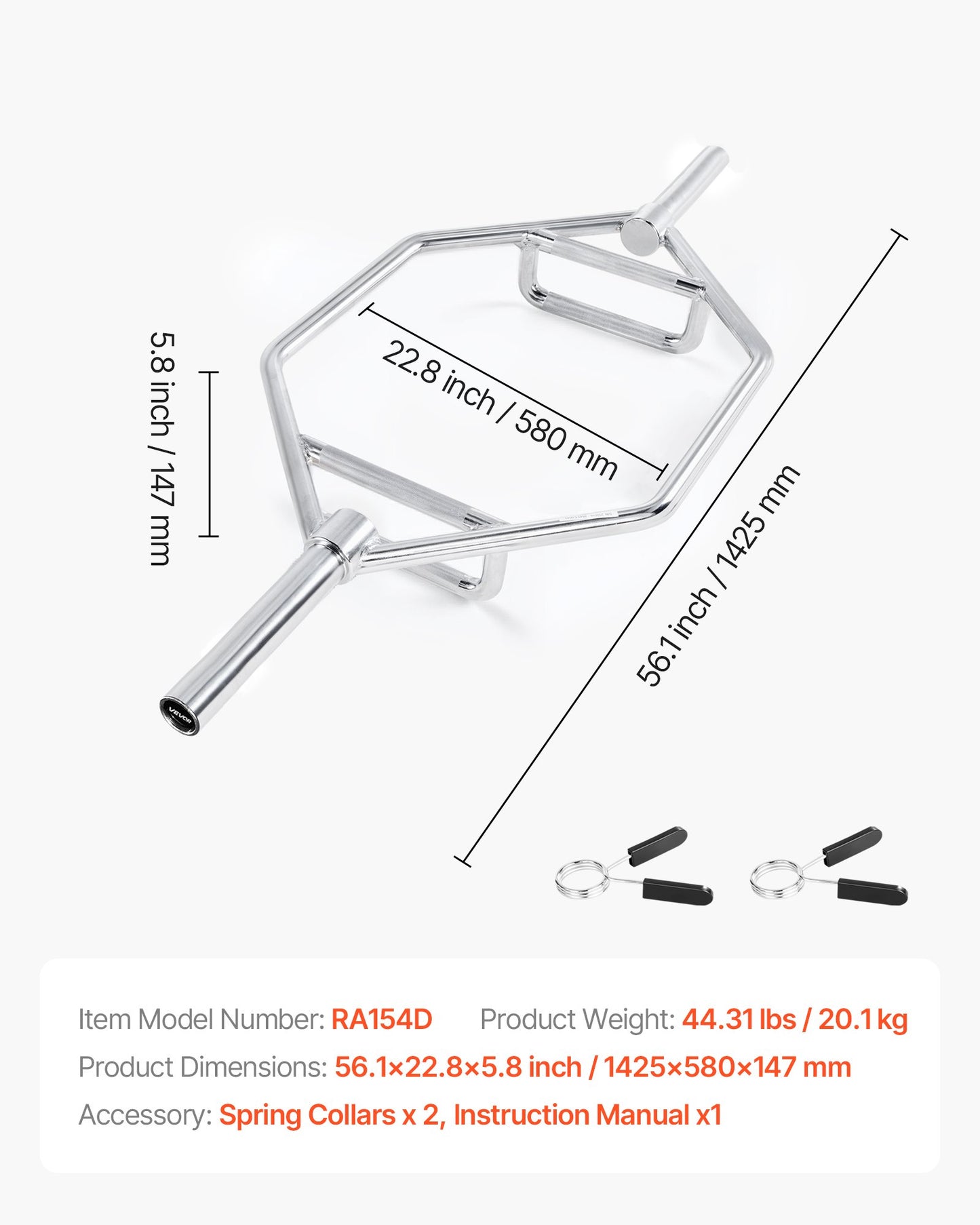 Trap Bar Hex Bar, 50mm Hex Barbell, 360 kg Capacity Shrug Bars with Knurled Grips, Weightlifting and Strength Training Equipment, Home Gym for Squats, Deadlifts, Shoulder Presses, Silver