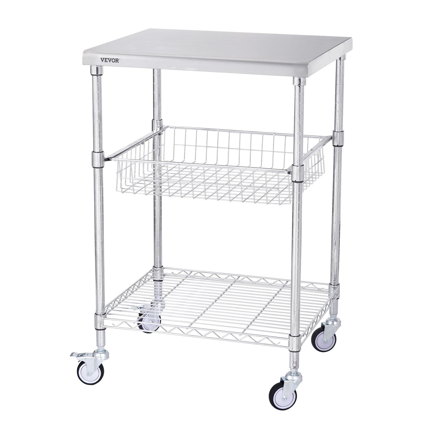 Kitchen Utility Cart, 3 Tiers, Wire Rolling Cart with 470LBS Capacity, Steel Service Cart on Wheels, Metal Storage Trolley with 76mm Basket Curved Handle PP Liner 6 Hooks, for Indoor and Outdoor