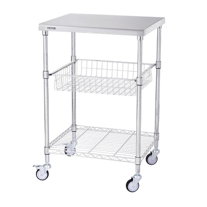 Kitchen Utility Cart, 3 Tiers, Wire Rolling Cart with 470LBS Capacity, Steel Service Cart on Wheels, Metal Storage Trolley with 76mm Basket Curved Handle PP Liner 6 Hooks, for Indoor and Outdoor