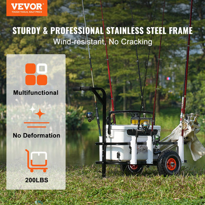 Beach Fishing Cart, 200 lbs Load Capacity, Fish and Marine Cart with Two 11" Big Wheels Rubber Balloon Tires for Sand, Heavy-Duty Steel Pier Wagon Trolley with 7 Rod Holders for Fishing, Picnic