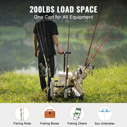 Beach Fishing Cart, 200 lbs Load Capacity, Fish and Marine Cart with Two 11" Big Wheels Rubber Balloon Tires for Sand, Heavy-Duty Steel Pier Wagon Trolley with 7 Rod Holders for Fishing, Picnic