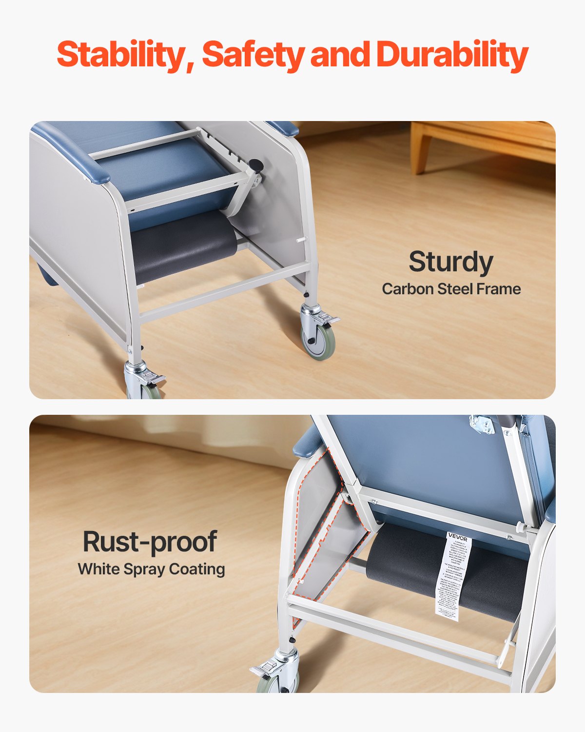 Geri-Stuhl-Liegestuhl, 3-fach verstellbarer Geri-Stuhl, fahrbarer medizinischer Liegestuhl mit 4 Rollen, weich gepolstertem Sitz und abnehmbarem Tablett, ideal für Krankenhäuser, Pflegeheime und die häusliche Altenpflege