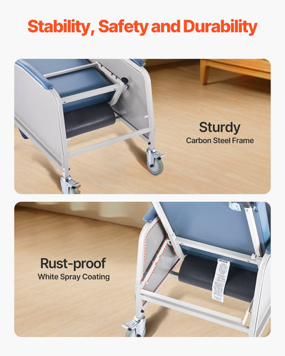 Geri-Stuhl-Liegestuhl, 3-fach verstellbarer Geri-Stuhl, fahrbarer medizinischer Liegestuhl mit 4 Rollen, weich gepolstertem Sitz und abnehmbarem Tablett, ideal für Krankenhäuser, Pflegeheime und die häusliche Altenpflege