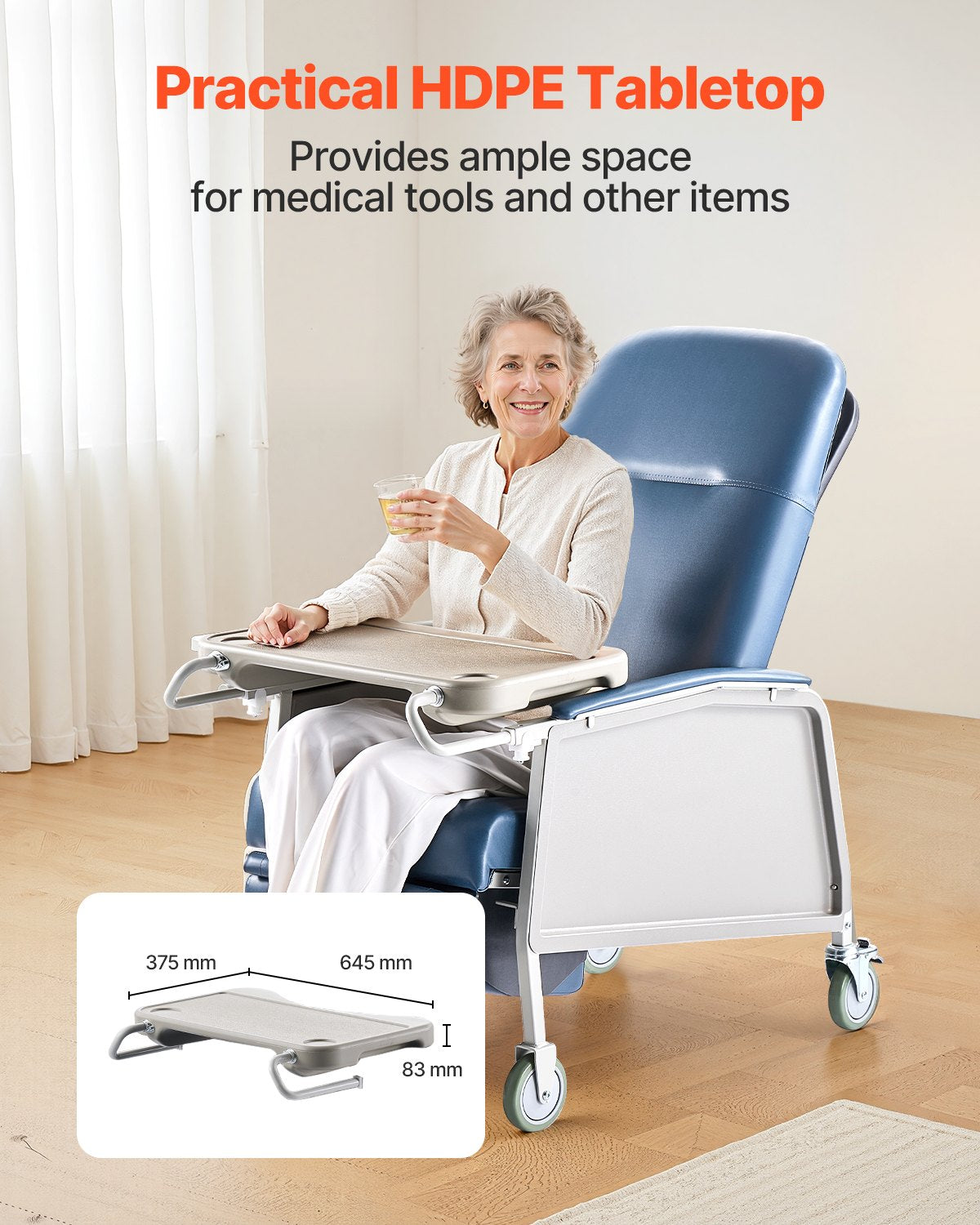 Geri-Stuhl-Liegestuhl, 3-fach verstellbarer Geri-Stuhl, fahrbarer medizinischer Liegestuhl mit 4 Rollen, weich gepolstertem Sitz und abnehmbarem Tablett, ideal für Krankenhäuser, Pflegeheime und die häusliche Altenpflege