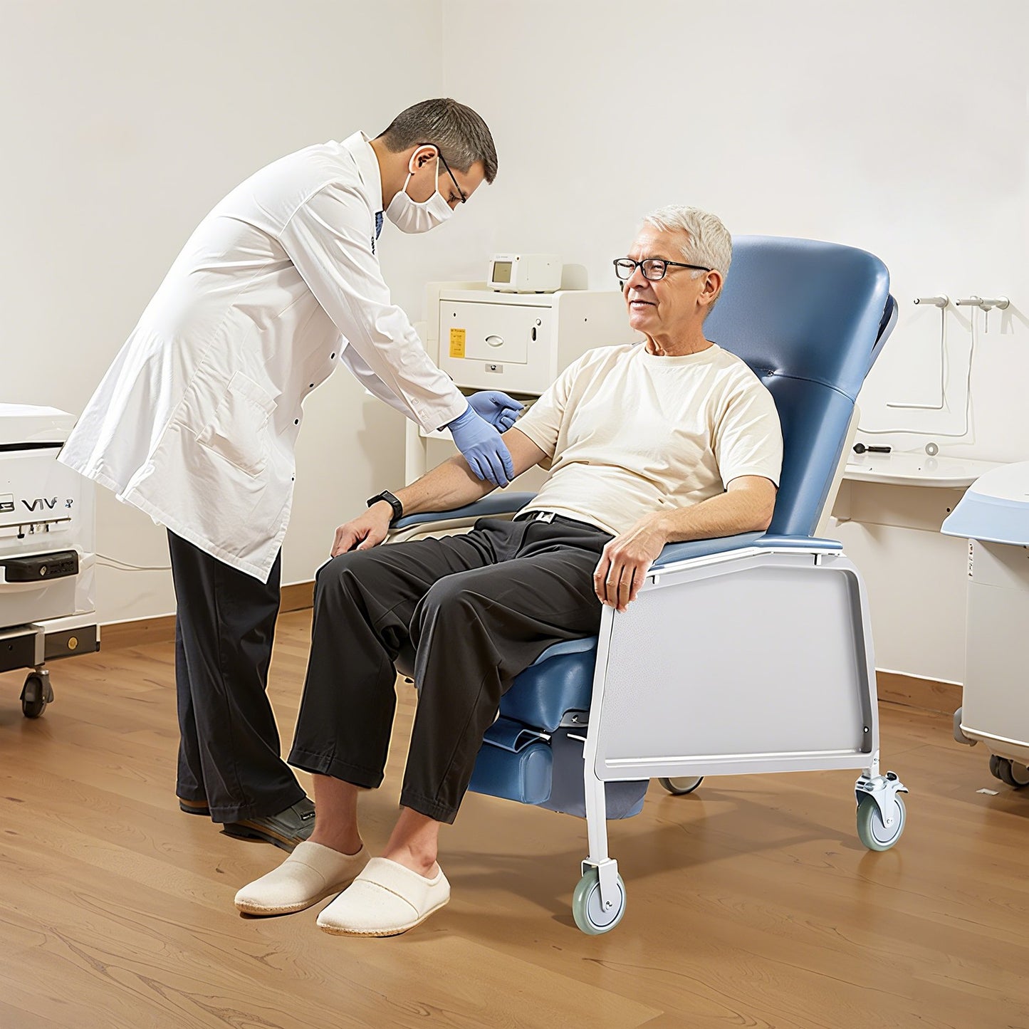 Geri-Stuhl-Liegestuhl, 3-fach verstellbarer Geri-Stuhl, fahrbarer medizinischer Liegestuhl mit 4 Rollen, weich gepolstertem Sitz und abnehmbarem Tablett, ideal für Krankenhäuser, Pflegeheime und die häusliche Altenpflege