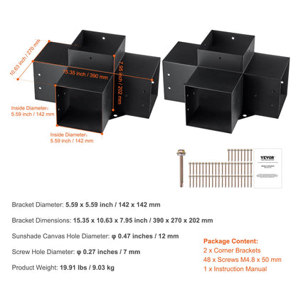 Pergola Bracket Kit 6''x6''(Inner Size 5.6x5.6), 2pcs 4-Way Heavy Duty Corner Bracket Woodworks DIY Post Base Kit, Easy Installation Wooden Beams for Gazebos, Patio Pergolas, Log Cabin Outdoor