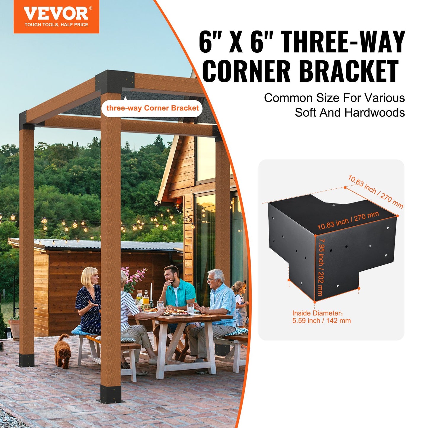 Pergola Bracket Kit 6''x6''(Inner Size 5.6x5.6), 4pcs 3-Way Heavy Duty Corner Bracket Woodworks DIY Post Base Kit, Easy Installation Wooden Beams for Gazebos, Patio Pergolas, Log Cabin Outdoor