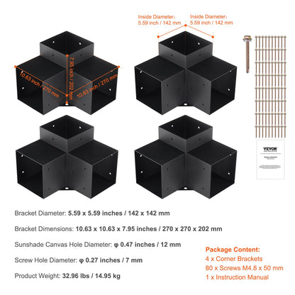 Pergola Bracket Kit 6''x6''(Inner Size 5.6x5.6), 4pcs 3-Way Heavy Duty Corner Bracket Woodworks DIY Post Base Kit, Easy Installation Wooden Beams for Gazebos, Patio Pergolas, Log Cabin Outdoor