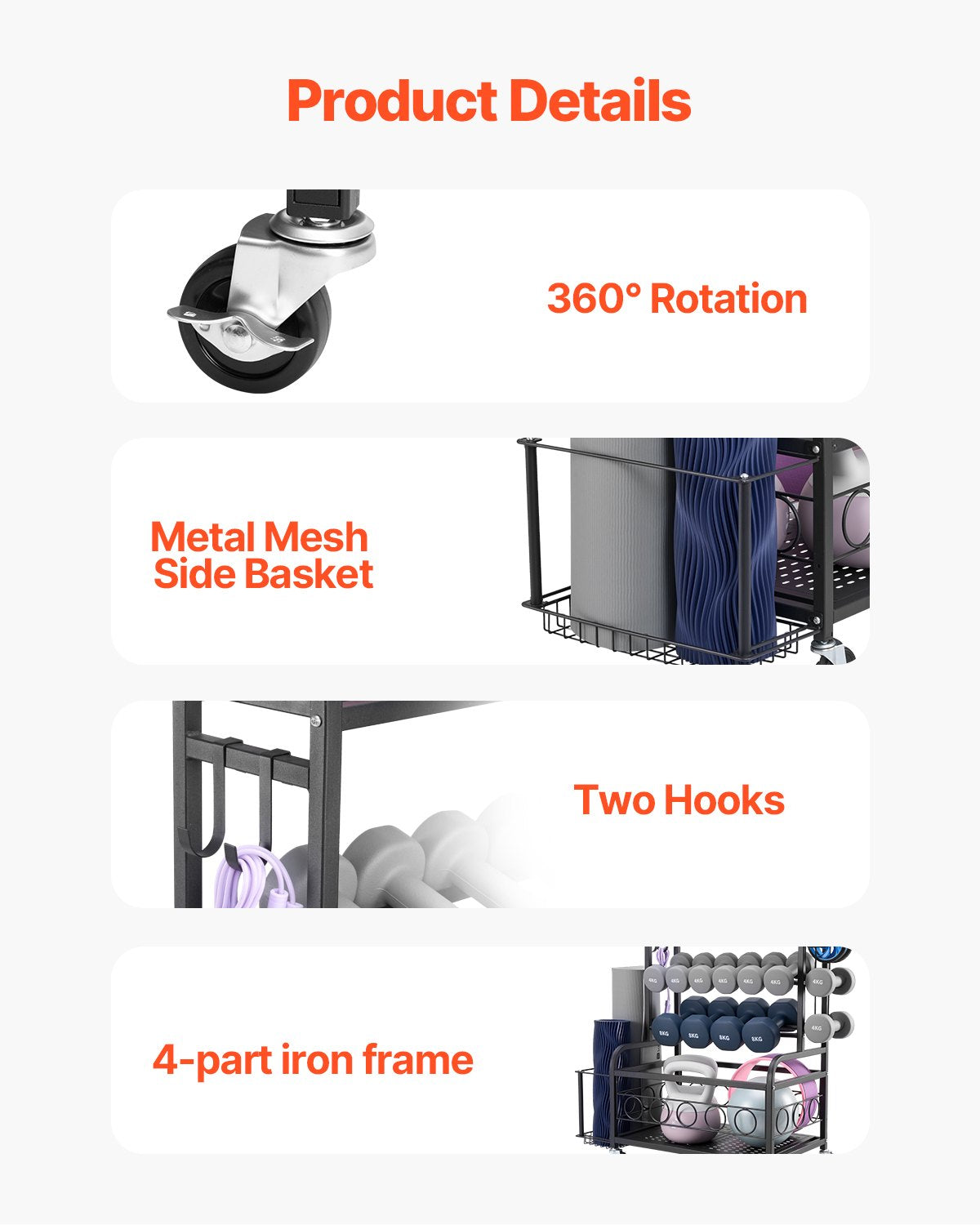 Yogamatten-Aufbewahrungsständer, Organizer für Heimfitnessgeräte, pulverbeschichteter Stahl-Yogamattenhalter mit Haken und Rollen, Gewichtsständer für Hanteln, Kettlebells, Schaumstoffrollen und Yogagurte