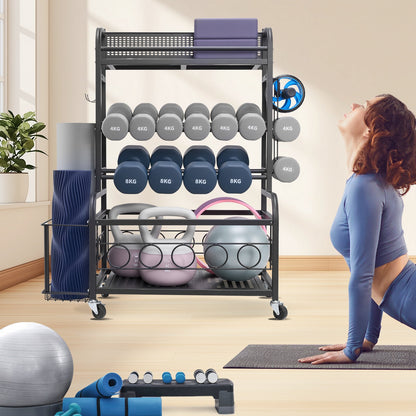 Yogamatten-Aufbewahrungsständer, Organizer für Heimfitnessgeräte, pulverbeschichteter Stahl-Yogamattenhalter mit Haken und Rollen, Gewichtsständer für Hanteln, Kettlebells, Schaumstoffrollen und Yogagurte