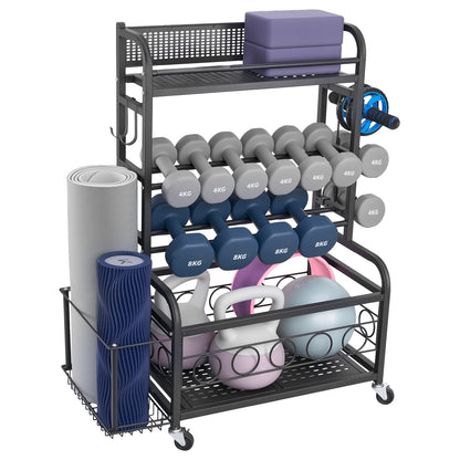 Yogamatten-Aufbewahrungsständer, Organizer für Heimfitnessgeräte, pulverbeschichteter Stahl-Yogamattenhalter mit Haken und Rollen, Gewichtsständer für Hanteln, Kettlebells, Schaumstoffrollen und Yogagurte