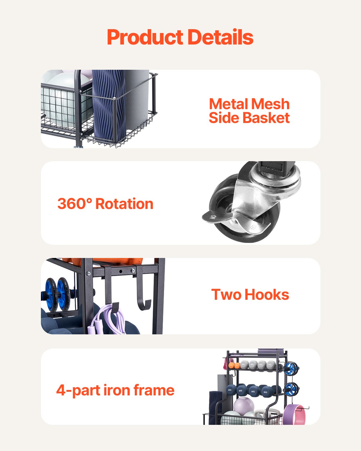 Yogamatten-Aufbewahrungsständer, pulverbeschichteter Stahl-Yogamattenhalter, Organizer für Heimfitnessgeräte mit Haken und Rollen, Gewichtsständer für Schaumstoffrolle, Hanteln, Kettlebells und Yogagurte