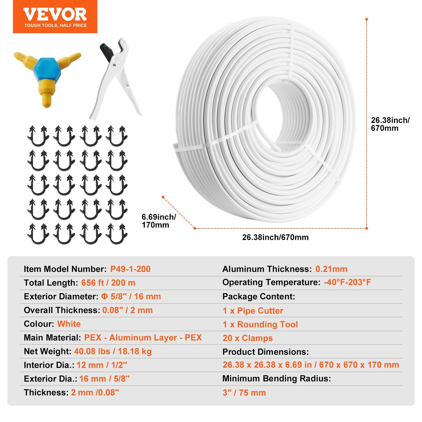 PEX-AL-PEX-Rohr, 200 m, 16 mm Durchmesser, Aluminium-Kunststoff-Verbundrohr, Sauerstoffsperre, PEX-Rohr für Fußbodenheizung, 2 mm Wandstärke, PEX-Rohr mit innerer Aluminiumschicht für Fußbodenheizung
