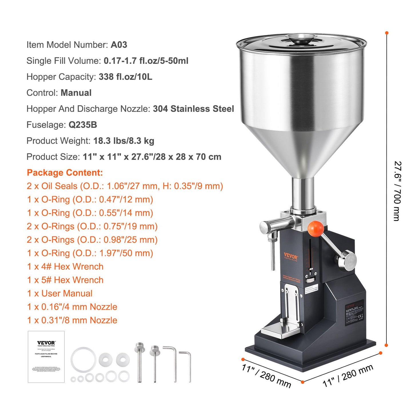 Manual Paste Liquid Filling Machine, 5-50ml Bottle Filler, Adjustable Bottle Filling Machine, Stainless Steel Liquid Filler with Hopper for Milk Water Juice Essential Oil Shampoo Cosmetic Honey