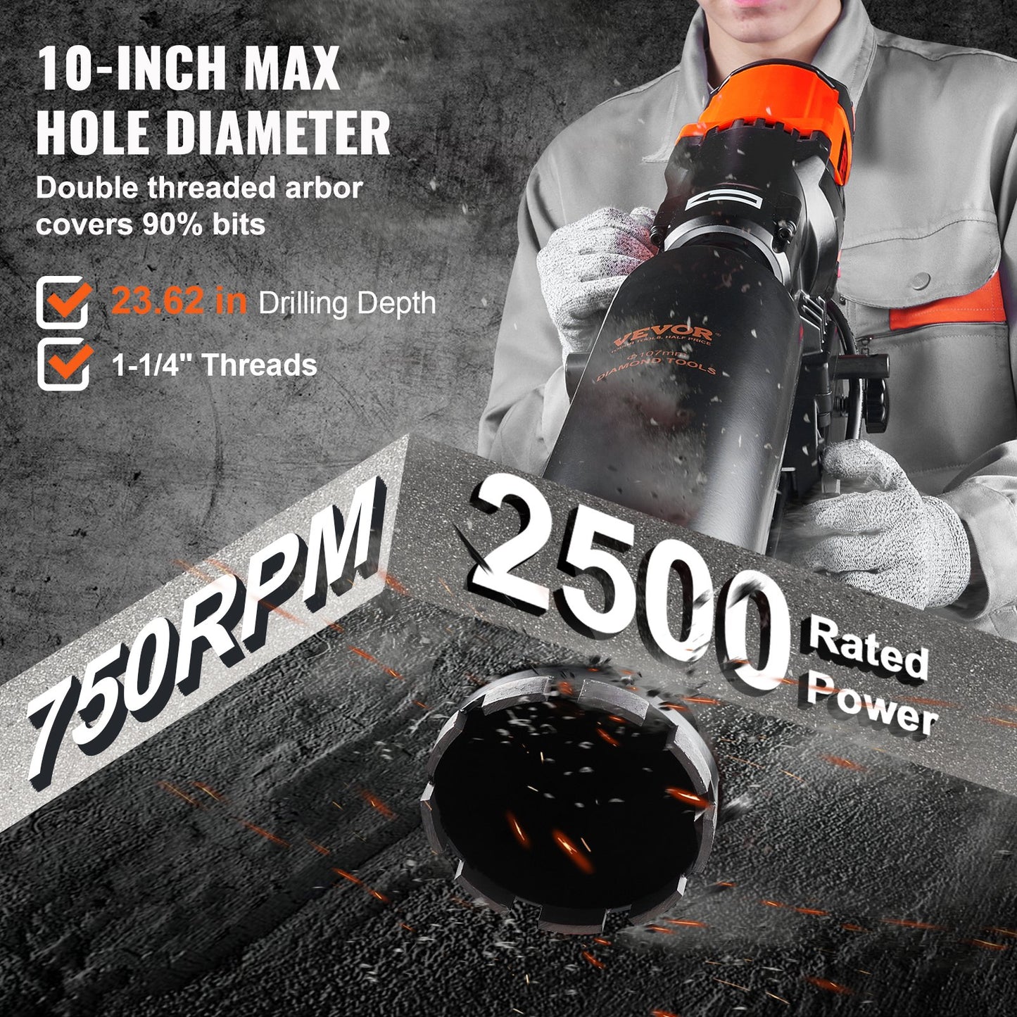 Diamantkernbohrmaschine für Betonkerne, Rollen, 3200 W, 750 U/min