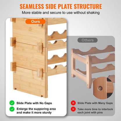 Stapelbares modulares Weinregal für 36 Flaschen, 4-stöckiges Aufbewahrungsregal aus massivem Bambusholz, freistehendes Weinregal, wackelfreie Regale für Küche, Bar und Weinkeller (Naturfarbe)
