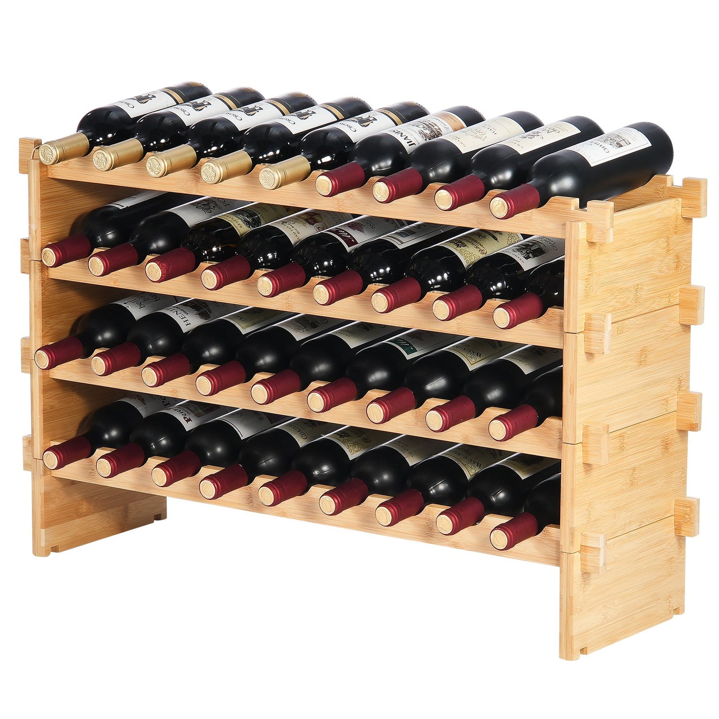 Stapelbares modulares Weinregal für 36 Flaschen, 4-stöckiges Aufbewahrungsregal aus massivem Bambusholz, freistehendes Weinregal, wackelfreie Regale für Küche, Bar und Weinkeller (Naturfarbe)