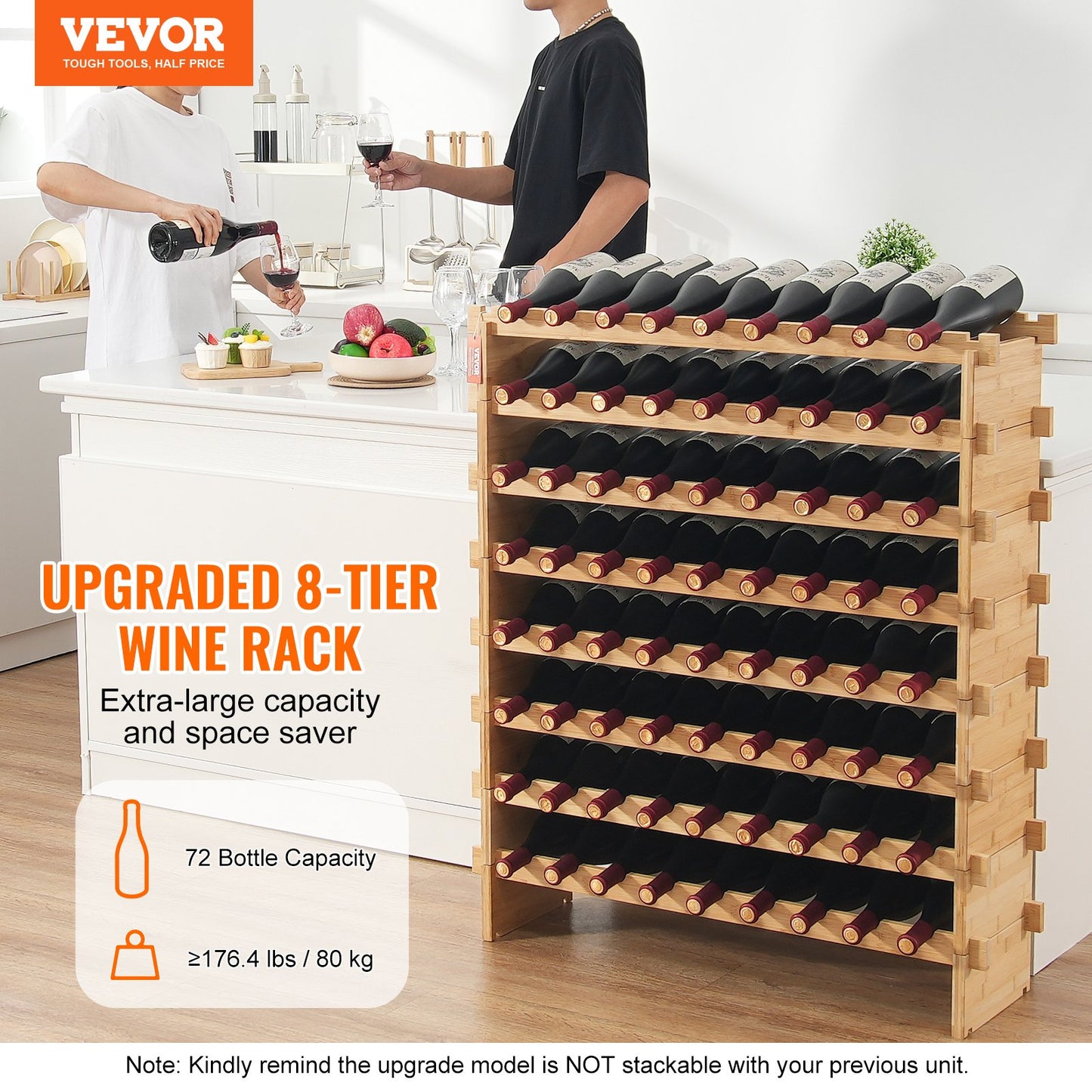 72 Bottle Upgrade Modular Wine Rack, Continuously Store Pinot Bottles, 8-Tier Bamboo Wood Storage Rack, Floor Freestanding Wines Holder Display Shelf, Wobble-Free Shelves for Kitchen Bar Cellar
