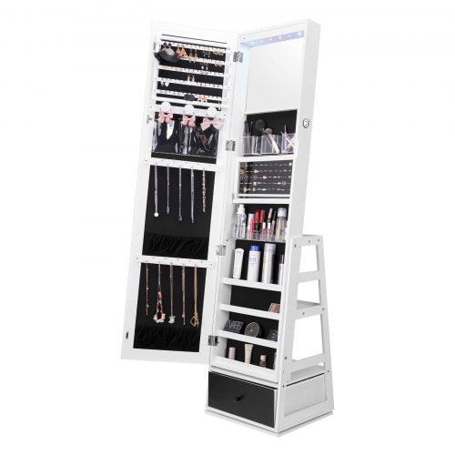 Schmuckschrank mit Spiegel, 360° drehbarer Standspiegel mit Ablage, abschließbarer Schmuck-Organizer mit Ganzkörperspiegel, Samtfutter, LED-Beleuchtung, Schublade, freistehender Schmuckschrank, Weiß