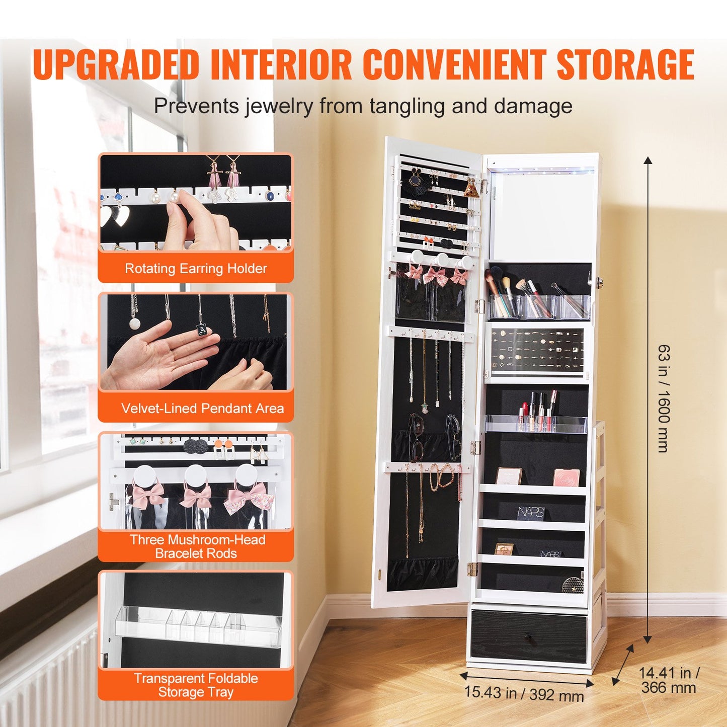 Schmuckschrank mit Spiegel, 360° drehbarer Standspiegel mit Ablage, abschließbarer Schmuck-Organizer mit Ganzkörperspiegel, Samtfutter, LED-Beleuchtung, Schublade, freistehender Schmuckschrank, Weiß